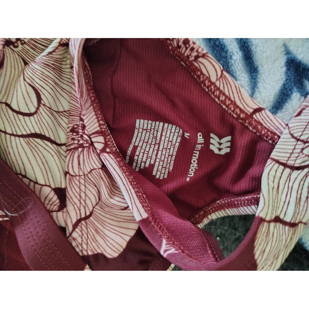 All In Motion Burgundy Floral Bikini Set Scoop Neck Top M Bottoms L Swimsuit‎